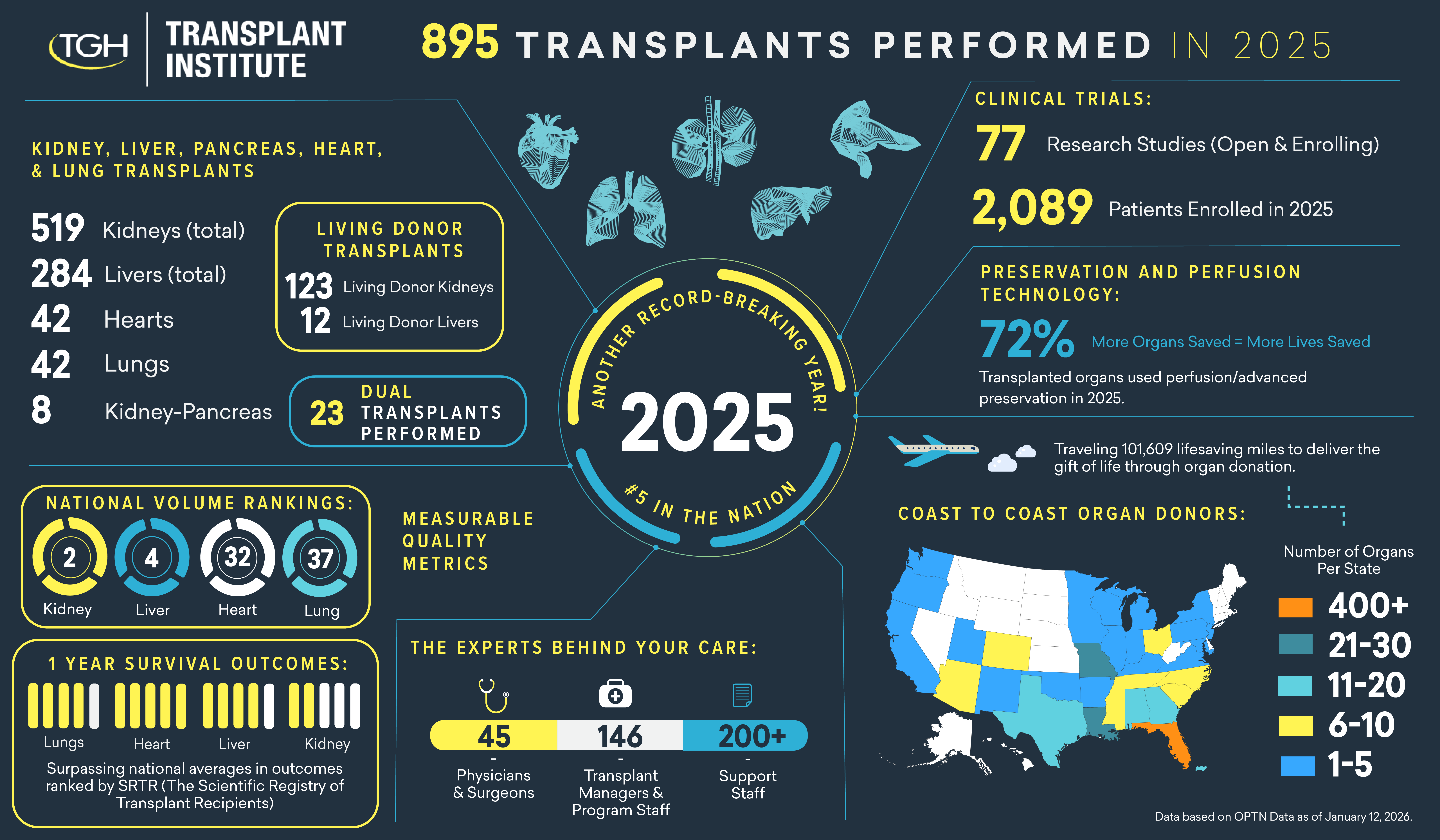 Title: Tampa General Hospital Transplant Institute – 895 Transplants Performed in 2025: Icon images of all five organs:  Heart, Kidney, Pancreas, Lung, Liver. Tampa General Hospital Transplant Institute: Total of 895 transplants performed in 2025, including: 519 Kidney, 284 Liver, 42 Heart, 42 Lung, 8 Kidney-Pancreas. Living Donor Transplants: 123 Living Donor Kidneys, 17 Living Donor Livers. Dual Transplants Performed: 23 Dual Transplants Measurable Quality Metrics: National Volume Rankings: Kidney: Ranked Number 2, Liver: Ranked Number 3 Heart: Ranked Number 32 Lung: Ranked Number 37. 1-Year Survival Outcomes: Surpassing national averages in outcomes for Lung and Heart transplants, as ranked by SRTR (Scientific Registry of Transplant Recipients); Lung: 4 out of 5 bars, Heart: 5 out of 5 bars, Liver: 4 out of 5 bars, Kidney: 2 out of 5 bars. The Experts Behind Your Care: [Stethoscope Icon] 45 Physicians & Surgeons,  [Medical Kit Icon] 146 Transplant Managers & Program Staff, [Paper Icon] 200+ Support Staff. Clinical Trials: 77 Research Studies (Open & Enrolling), 2,089 Patients enrolled in 2025. Preservation and Perfusion Technology: 72% of transplanted organs used perfusion or advanced preservation in 2025. More organs saved = More lives saved. Coast to Coast Organ Donors Map: Color-coded U.S. map showing the number of organs received in 2024 by particular states: Orange: 400+ (FL), Dark Turquoise: 20–30 (LA,MO), Turquoise: 15–20 (TX, GA, AL,PR) , Yellow: 5–10 (TN, MOS, IL, SC, NC, VA, CO, AZ, OH), Light Blue: 1–5 (WA, OR, CA, UT, NM, OK, AR, MI, WI, IL, MI, IN, KY, VA,PA, NJ, NY, MA). Center Highlight: TGH Transplant Institute is #5 in the Nation by Volume for organ transplants in 2025. All data is based on OPTN (The Organ Procurement and Transplantation Network) as of January 12, 2026.